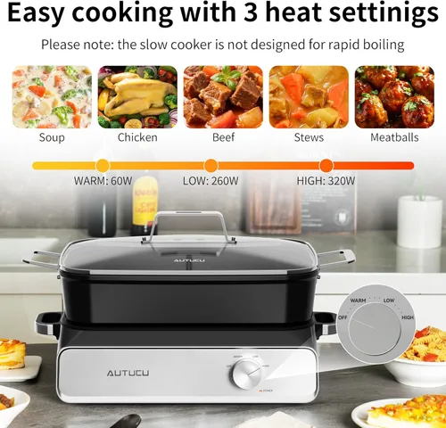 Miniatura 5 de Olla de cocción lenta de 10 cuartos (2 x 5 cuartos de galón) revestimiento de cerámica sin PFOA Temperatura ajustable apta para horno a 450 °F