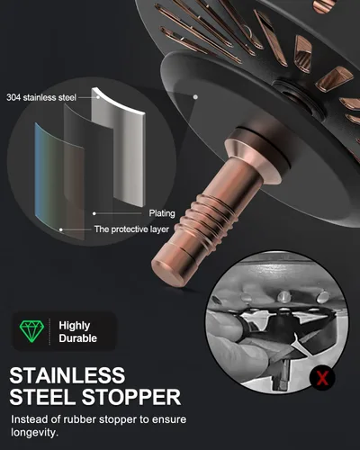 Miniatura 3 de BOTEMY B9171 Kit de drenaje de fregadero de cocina de cobre 3 1/2 colador para fregadero de cocina con colador de acero inoxidable, tapón de Cobre