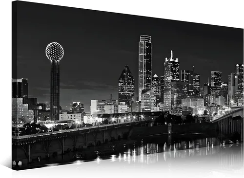 NAN Wind 1 pieza de lienzo con diseño de horizonte de Dallas, escena nocturna de la ciudad en blanco y negro, moderna pintura giclée en lienzo