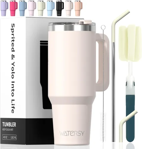 Miniatura 24 de Vaso de 20 oz con asa, vaso con tapa y pajita, vaso de doble pared con aislamiento de acero inoxidable para viajes (frío durante 34 horas), botella