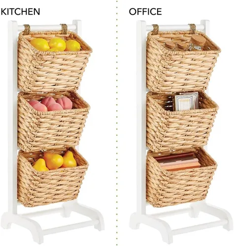 Miniatura 4 de mDesign Water Hyacinth - Cestas de almacenamiento de 3 niveles con cesta de mercado, estante vertical para sala de estar, lavandería, dormitorio