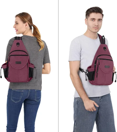 Miniatura 6 de MOSISO Mochila tipo bandolera, mochila de lona para senderismo con bolsillo antirrobo Rojo vino
