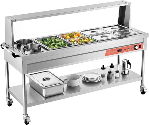 VEVOR Calentador de Alimentos Eléctrico Comercial, 7 Bandejas + 2 Ollas Mesa de Vapor, 1800W Calentador de Alimentos Profesional para Buffet