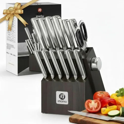 imarku Juego de cuchillos de cocina con bloque y afilador incorporado, juego de 14 piezas de cuchillos de acero inoxidable japonés con cuchillo Negro