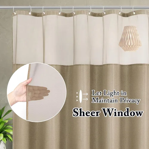 Miniatura 2 de Gibelle Juego de cortina de ducha de tejido gofre con ventana superior de malla y ganchos, cortina de ducha de tela estilo spa para baño, beige, 72