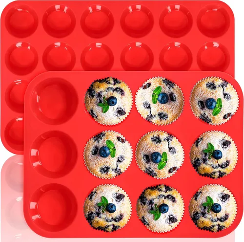 Anaeat Juego de moldes de silicona para magdalenas, 12 tazas regulares y mini 24 tazas de moldes para hornear cupcakes con flexible y antiadherente,