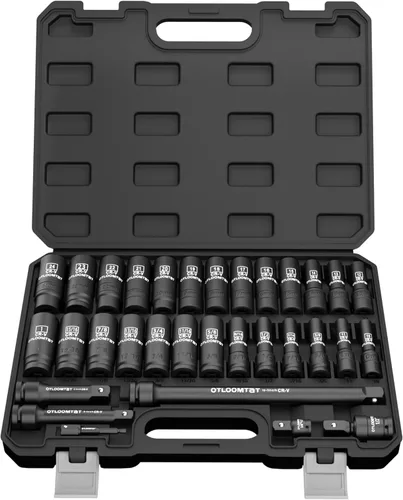 OTLOOMTBT Juego de 32 dados de impacto de 1/2 pulgada – Dados profundos de grado industrial resistente, juego completo métrico/SAE con barra de