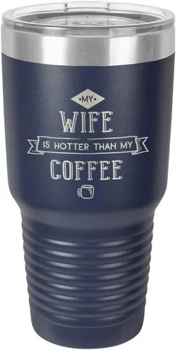 Miniatura 11 de Taza de viaje de acero inoxidable con popote y tapa superior deslizante My Wife Is Hot Than My Coffee Black de 30 onzas