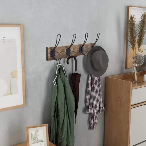 Miniatura 4 de Gancho rústico de pared con 4 ganchos estilo granja - Perchero de madera de pino maciza para toallas y abrigos para baño, entrada, cocina - Marrón