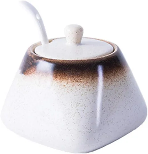 Miniatura 2 de Cabilock Azucarero japonés de cerámica, recipiente de condimento vintage, tarro de almacenamiento de sal con tapa y cuchara para cocina, Moca