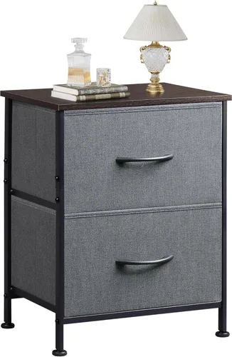 Miniatura 15 de WLIVE Mesita de noche negra, cómoda pequeña con 2 cajones y superficie de madera, mesita de noche con cestas de tela, mesa de cabecera mesa auxiliar