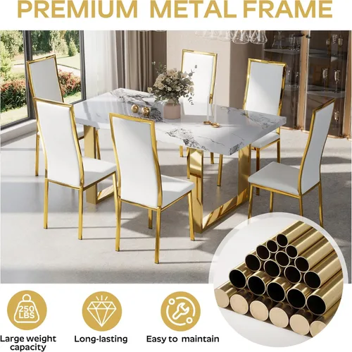 Miniatura 4 de Juego de 4 sillas de comedor modernas, de piel sintética blanca con patas de metal cromado dorado, diseño de respaldo alto curvo y acolchado