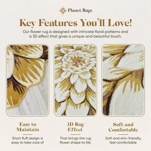 Miniatura 3 de Alfombra redonda de 2 pies con forma de flor, bonita alfombra de felpa con forma de flor, para dormitorio, suelo, sala de estar, alfombra 303 beige