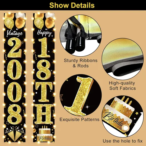 Miniatura 3 de Cartel de fiesta de cumpleaños número 18 con luces LED para hombres y mujeres - Carteles de puerta de cumpleaños número 18 en negro y dorado vintage