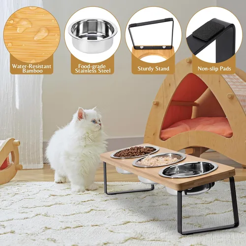 Miniatura 4 de Tazones elevados para alimentos y agua para gatos – Comedero elevado de acero inoxidable con 3 cuencos inclinados de 15°, con soporte de bambú