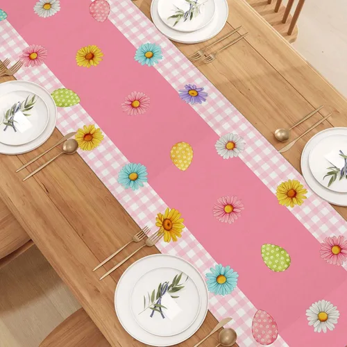 Miniatura 4 de Camino de mesa de Pascua a cuadros de búfalo rosa y blanco, huevo de Pascua, conejito, margarita, tulipán, decoración de mesa floral, primavera