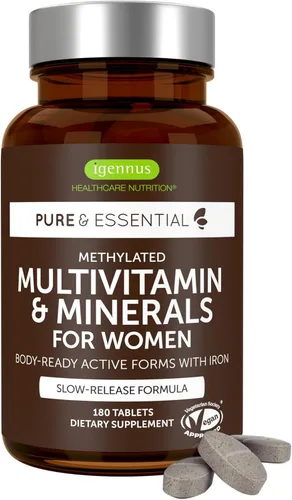 Miniatura 17 de Igennus Multivitamínico metilado para mujeres de 50 años, calcio y magnesio para apoyo óseo, liberación sostenida y vitaminas B activas, fórmula sin