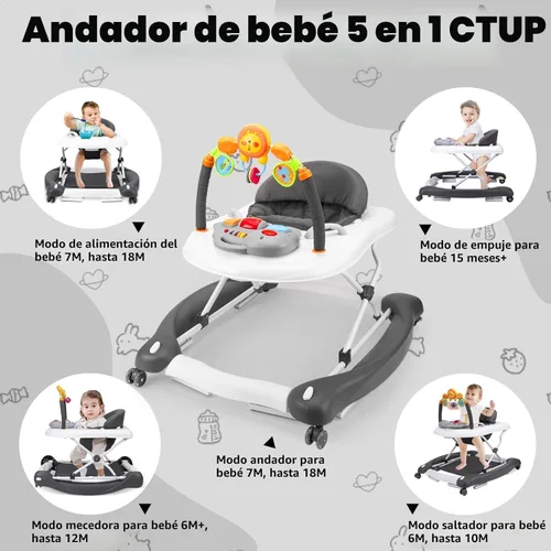 Miniatura 2 de Andador de bebé, 5 en 1 para niños y niñas de 6 a 12 meses con gorila, reposapiés extraíble, bandeja de alimentación y música, caminador de C-gris