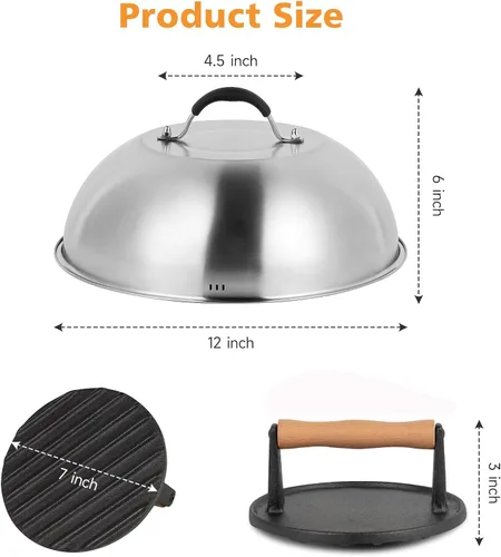 Miniatura 2 de SHINESTAR Prensa de hamburguesa de hierro fundido con cúpula de fusión de 12 pulgadas para plancha Blackstone, juego de prensa de hamburguesas