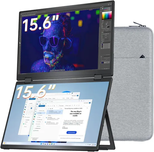VisionOwl Monitor portátil dual de 15.6 pulgadas 1080P FHD 107% sRGB segunda pantalla plegable, USB-C HDMI HDR, monitor de viaje apilado para