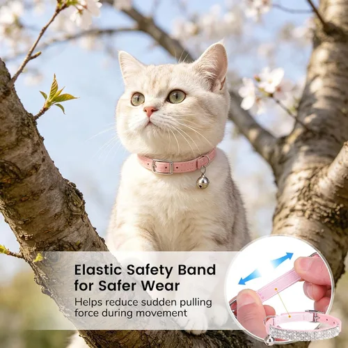 Miniatura 5 de BINGPET collar ajustable para gatos, de terciopelo suave, seguro, collares Bling diamante con cascabel, Adjustable, Rosado claro Rosa