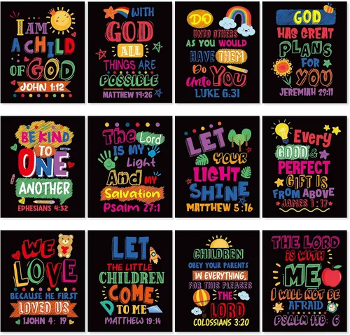 Miniatura 8 de Cinrobiye 12 carteles con versículo bíblico para niños, arte de pared cristiano inspirador con citas de las Escrituras, decoración religiosa