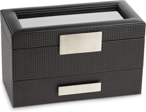 Miniatura 3 de Glenor Co Valet - Caja de reloj de joyería para hombres organizador moderno de textura de fibra de carbono con parte superior de cristal cajón