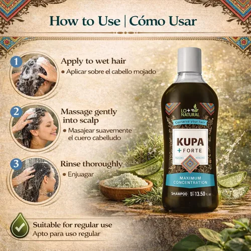 Miniatura 6 de Champú KUPA + FORTE con romero y aloe vera, 13.5 onzas líquidas, fórmula inspirada en huichol a base de hierbas, limpieza profunda y cuidado