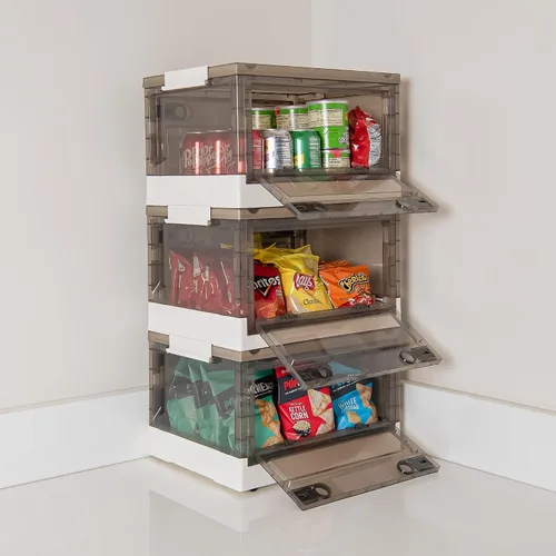 Miniatura 9 de Paquete de 3 contenedores de almacenamiento de apertura lateral, tapa apilable plegable, fácil de ordenar con caja de almacenamiento, ideal