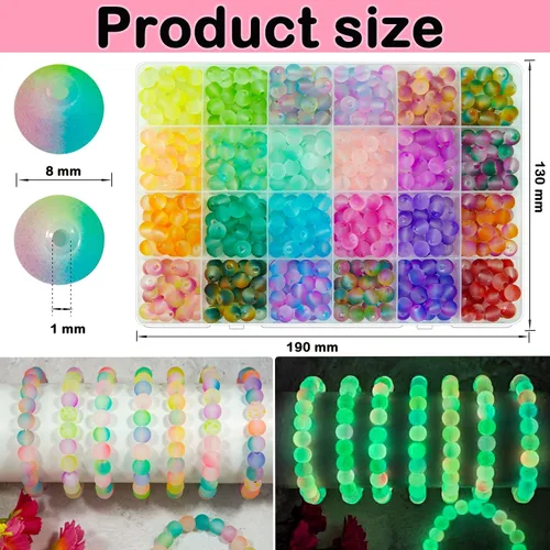 Miniatura 2 de 630 cuentas de vidrio para la fabricación de joyas, 24 colores de 0.315 pulgadas que brillan en la oscuridad, cuentas de vidrio para hacer pulseras