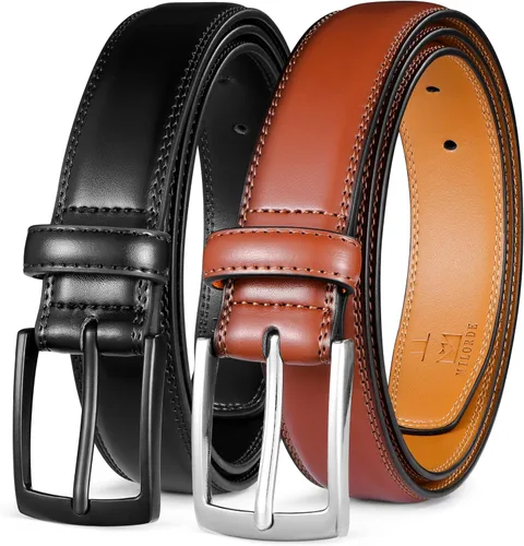 Miniatura 15 de MILORDE Cinturón de vestir de cuero para hombre, 2 unidades, hecho a mano, cuero genuino, diseños clásicos y modernos para el trabajo, negocios