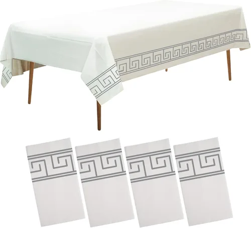 Miniatura 8 de Paquete de 4 manteles desechables en blanco y negro de 54 x 108 pulgadas, resistentes, impermeables, fundas de plástico rectangulares con diseño