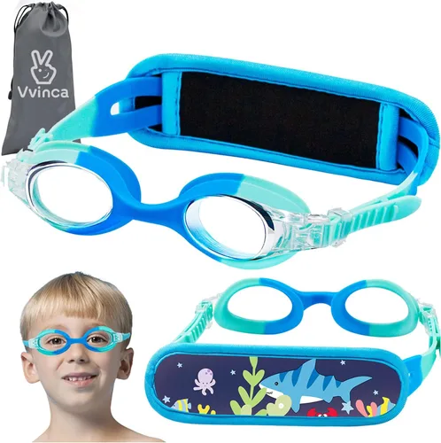 Vvinca Gafas de natación para niños con correa de tela, sin enredos, sin dolor, antivaho para piscina, sin fugas, para niños y niñas