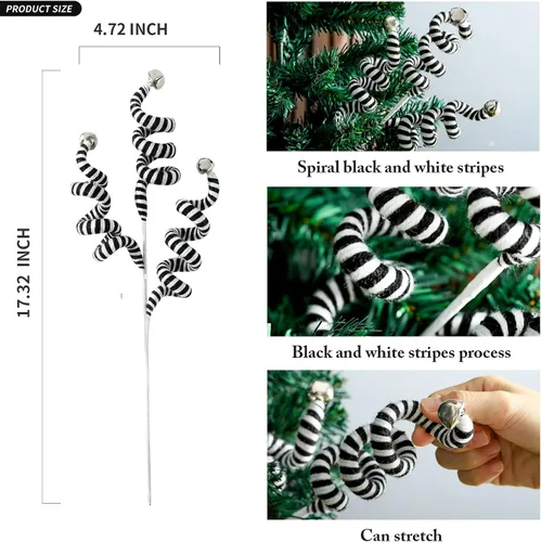 Miniatura 7 de Juego de 4 adornos para árbol de Navidad, picos rizados de color negro y blanco, campanas de lana, adornos para Halloween, hogar, oficina, fiesta