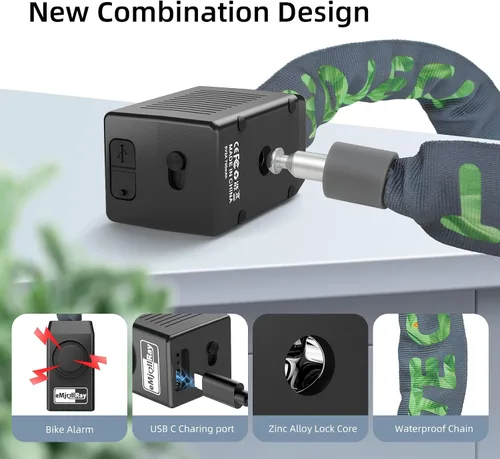 Miniatura 4 de Candado de cadena para bicicleta con alarma E Scooter Lock alarma antirrobo 110dB 4ft seguridad resistente con cable USB C y 3 llaves para Verde