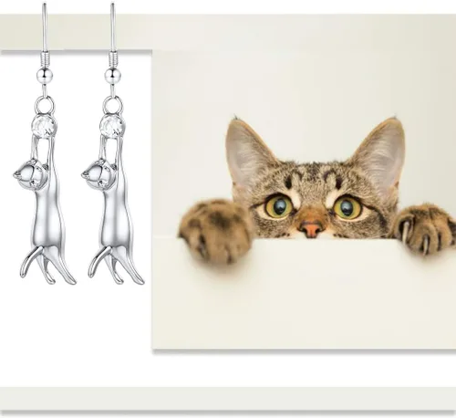 Miniatura 6 de Aretes U7 bañados en platino, con dije de gato y diamantes de imitación