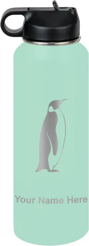 Miniatura 77 de LaserGram Botella de agua personalizada, pingüino, acero inoxidable de doble pared aislada al vacío con popote superior, regalo grabado