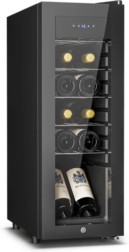Feelfunn Refrigerador de vino de 12 botellas – Pequeño refrigerador de vino para tinto, blanco, champán, bodega independiente con puerta de vidrio y