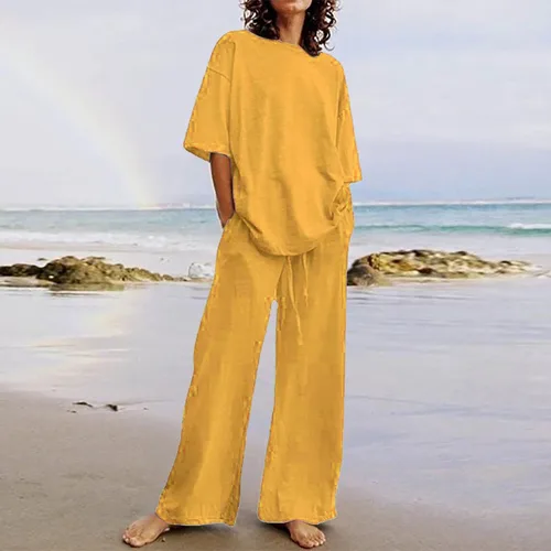 Miniatura 18 de Conjuntos de verano de 2 piezas para mujer, conjuntos elegantes y casuales de color liso, para verano, otoño, cuello redondo, tops y pantalones