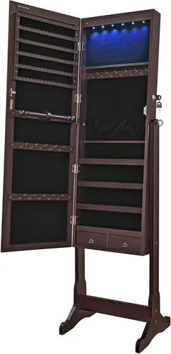 SONGMICS - Armario de joyería con espejo y con 6luces LED, organizador de joyería de pie con espejo y con cerradura, 2cajones, color marrón UJJC94K