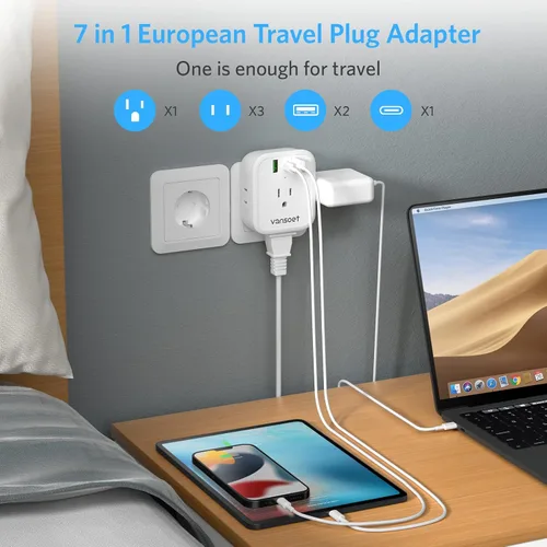 Miniatura 2 de [Paquete de 2] Adaptador de enchufe de viaje europeo, adaptador de enchufe internacional con USB C de 20 W, 4 tomas de corriente, 3 puertos de carga