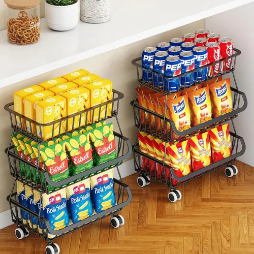 Miniatura 15 de Carrito de despensa rodante de 3 niveles con ruedas, organizador de piso de almacenamiento de alambre apilable para estantes de cocina, despensa