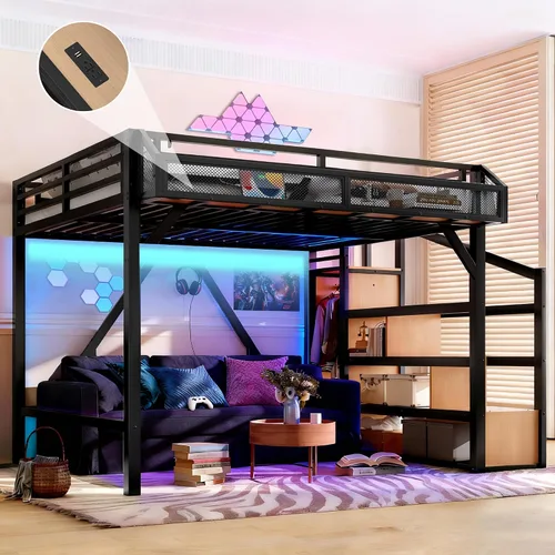 Miniatura 7 de Bellemave Cama tipo loft de metal tamaño Queen con escaleras de almacenamiento, estantes y armario, marco de cama tipo loft tamaño Queen con luces