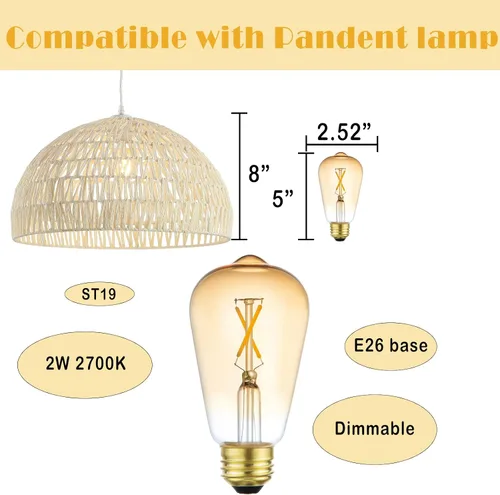 Miniatura 2 de Bombillas LED regulables Edison de 2 W, 2700 K blanco cálido (vidrio ámbar) ST19/ST58, base E26, paquete de 2