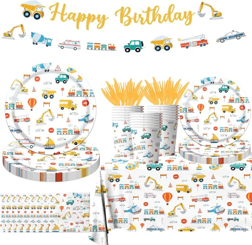 Suministros de fiesta de cumpleaños de transporte, juego de 142 piezas de platos y servilletas de papel de transporte para decoraciones de mesa,