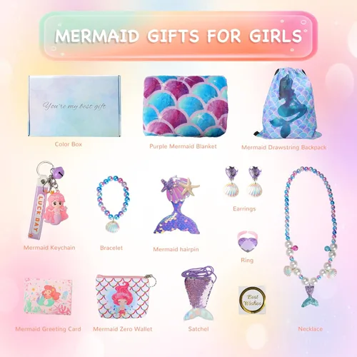 Miniatura 2 de Regalos de sirena para niñas, manta de cola de sirena, juego de maquillaje de joyería de sirena para niñas de 3 4 5 6 7 8 9 10 11 12 años Morado