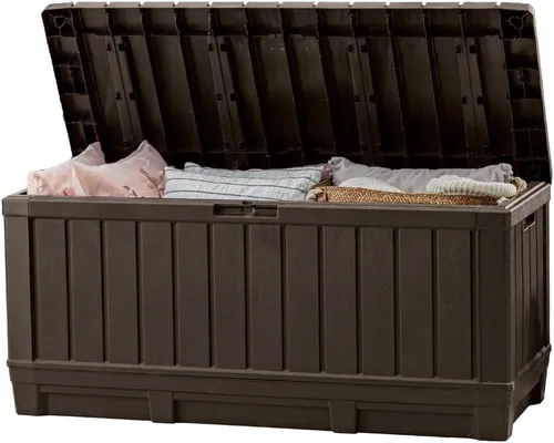 Keter Kentwood - Caja de resina de 92 galones, organización y almacenamiento para muebles de patio, cojines de exterior, almohadas, herramientas de
