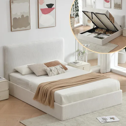 Marco de cama de almacenamiento Queen con cabecero curvado, color crema
