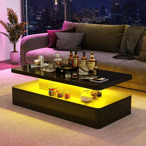 Miniatura 9 de oneinmil Mesa de centro LED moderna, mesas de sala de estar de 40 pulgadas con luces LED de 16 colores, diseño de doble capa, elegantes mesas