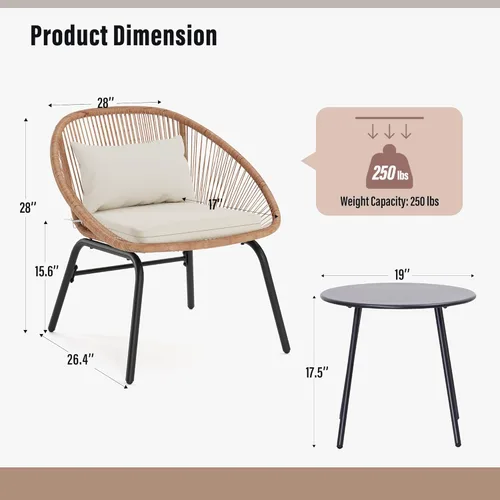 Miniatura 4 de LAUSAINT HOME Juego de 3 piezas para conversación de patio, muebles de mimbre para todo tipo de clima, con 2 sillas anchas y mesa auxiliar, perfecto